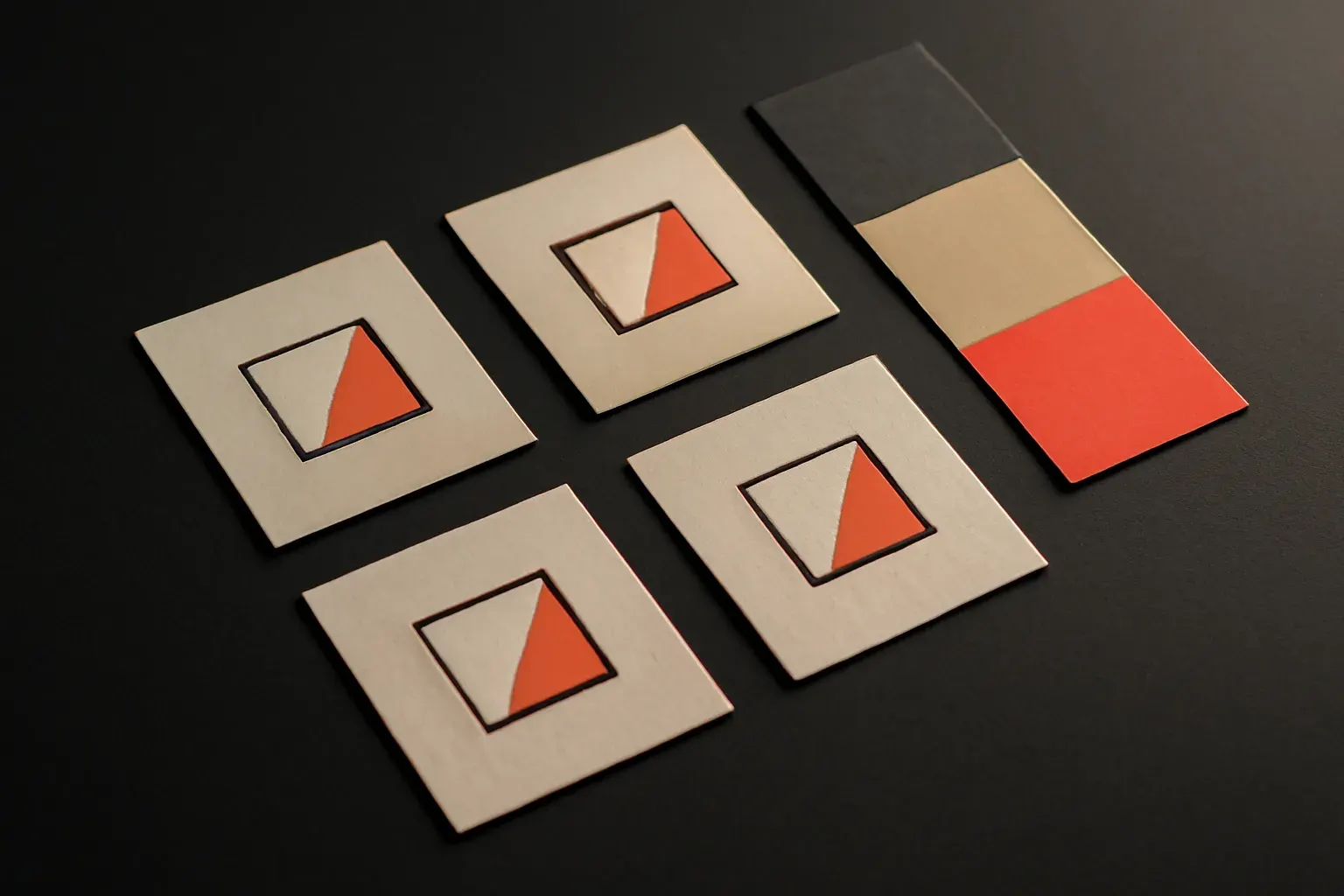 A brand mark and identity system shown applied across multiple formats on a dark canvas.