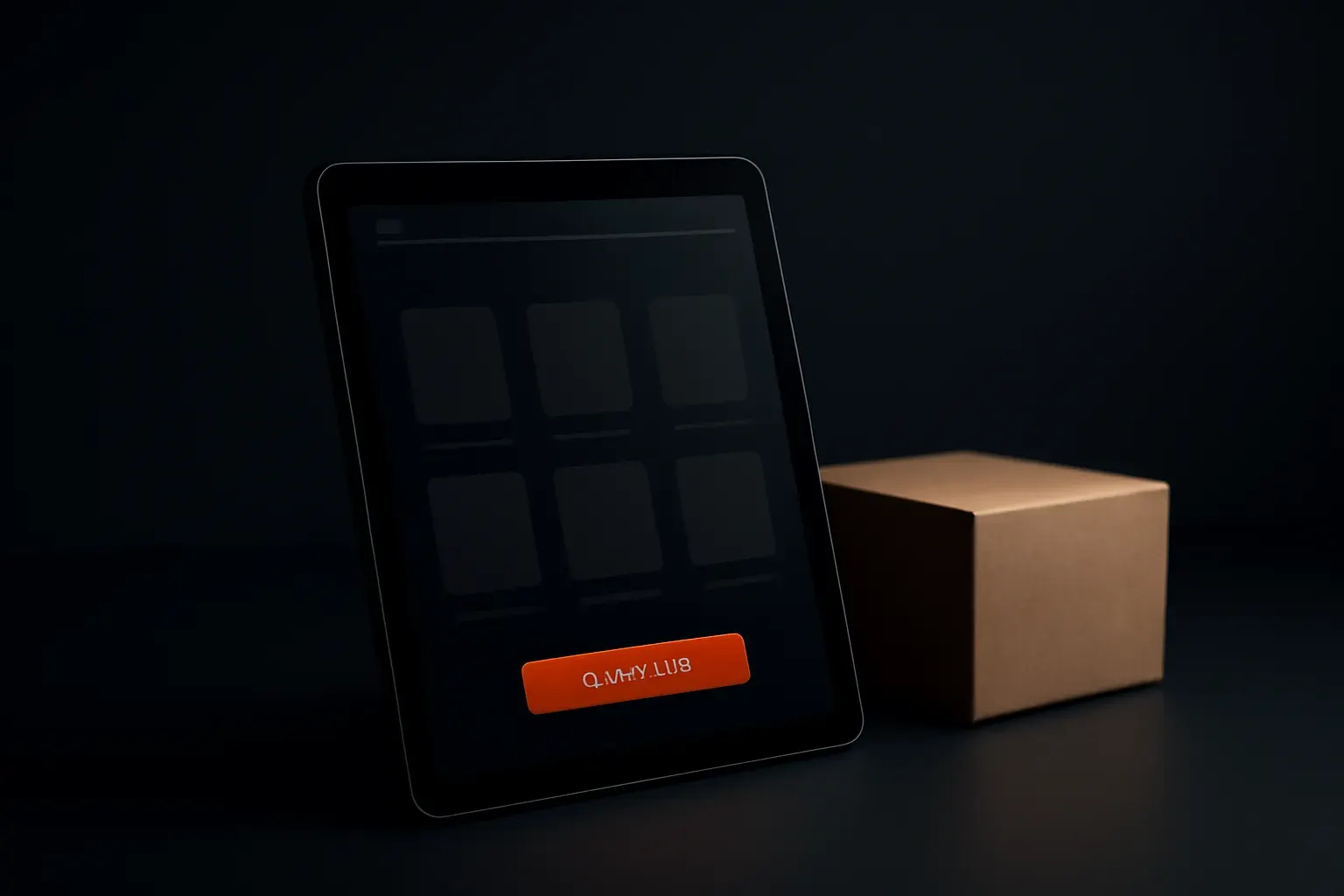 A dark-mode e-commerce storefront displayed on a tablet beside a shipping box.